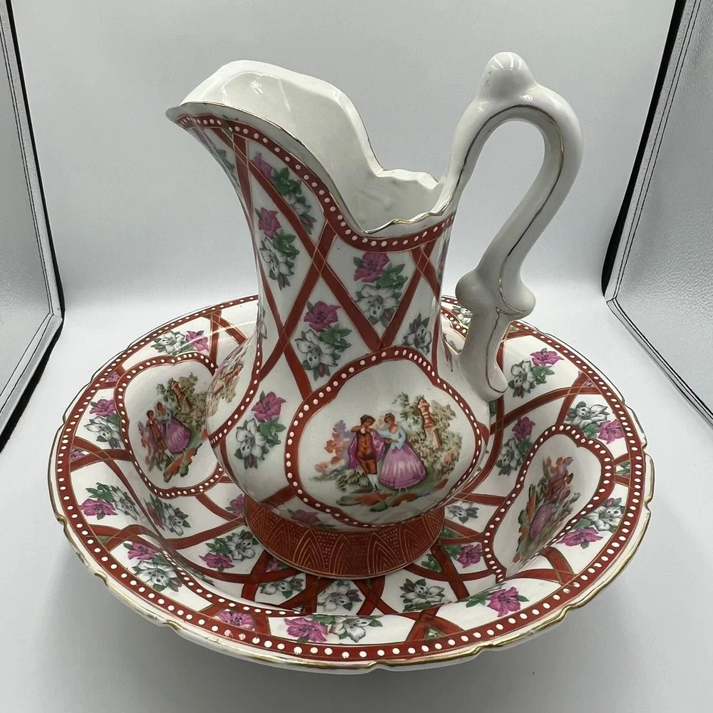 Limoges China Pitcher and Basin Set Large White Red Gold NWOT Courting‎ Couple